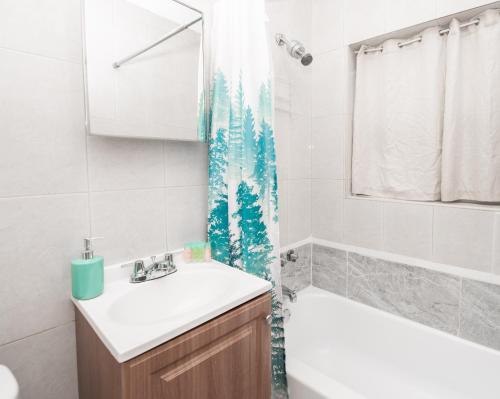 a bathroom with a sink and a shower curtain at Hollywood private apartments in Hollywood