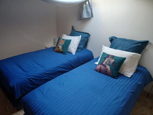 2 Betten in einem Zimmer mit blauer Bettwäsche und Kissen in der Unterkunft Chambre d'Emma 