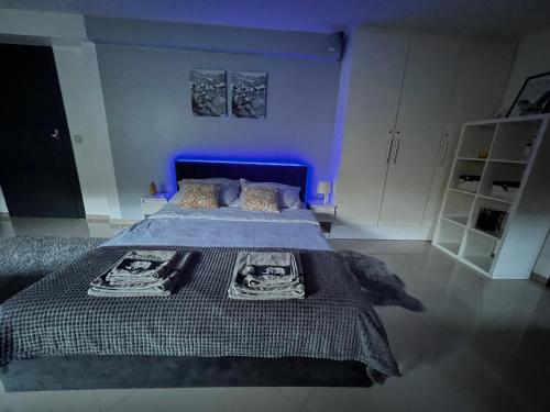 a bedroom with a large bed with a blue headboard at Apartament PLAY in Pietrzykowice