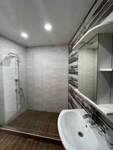 a bathroom with a shower and a sink and a mirror at Kobi Apartments in Tbilisi City