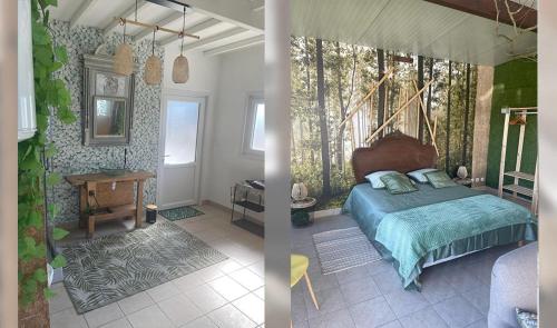 2 fotos de un dormitorio con 1 cama en una habitación en Gîtes Spa en Baie de Somme en Grand-Laviers