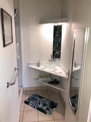 a bathroom with a sink and a mirror at L'étape, Appartement près voie verte, randonnées in Pouilly-sous-Charlieu