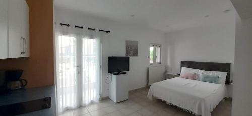 une chambre avec un lit et une télévision dans l'établissement LA CIGALE ARGELES - STUDIO PYRENEES ORIENTALES, à Plage dʼArgelès