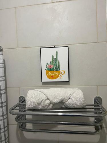 a towel shelf with a picture of a cactus at hospedaje de marant 3 in San Felipe de Puerto Plata