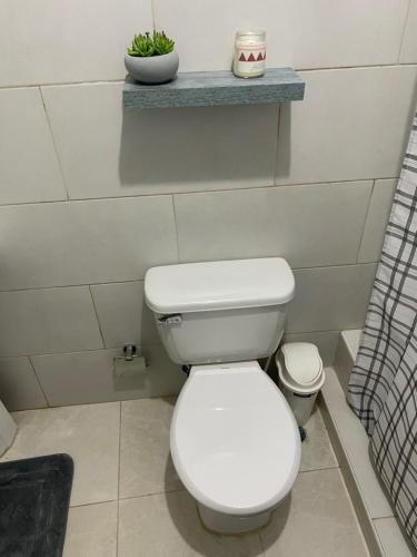 a bathroom with a white toilet with a shelf above it at hospedaje de marant 3 in San Felipe de Puerto Plata