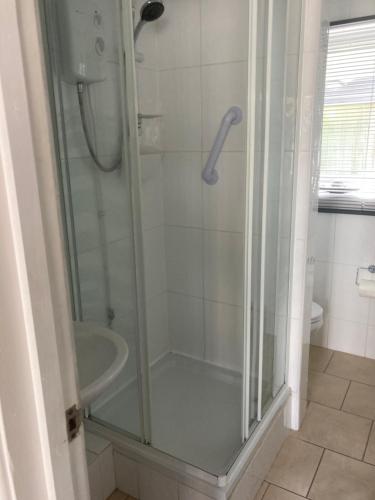 a bathroom with a shower with a sink and a toilet at Ground Floor Hillview 2 bedroom Apartment in Brean