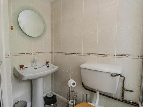 a bathroom with a toilet and a sink and a mirror at 2 Gateside Cottages in Coniston