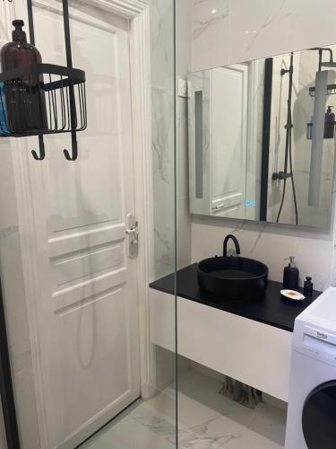 a bathroom with a glass door and a sink at Arc de triomphe, Champs Elysées, Foch Avenue Luxury apartment in Paris