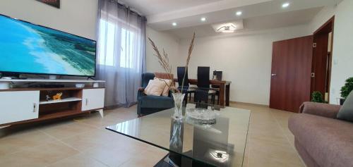 a living room with a tv and a vase on a table at Family house Utjeha in Bar