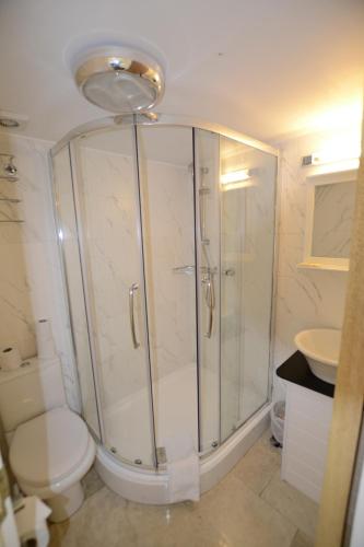 Un baño con ducha, inodoro y lavabo. en Cranbrook Hotel, en Ilford