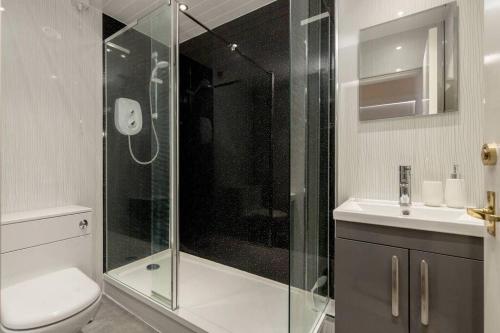 a bathroom with a shower and a toilet and a sink at Pipelands Road in St. Andrews