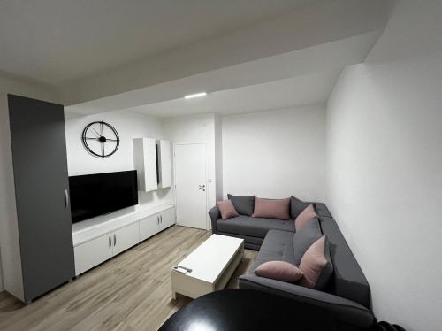 een woonkamer met een bank en een flatscreen-tv bij Stefanoski Apartments in Skopje