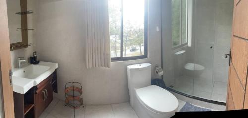 a bathroom with a toilet and a sink and a shower at Lujoso depto. en ”Torre Nur” in Cochabamba
