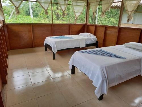 Golden waters Lodges في إكيتوس: سريرين في غرفة بها نافذتين