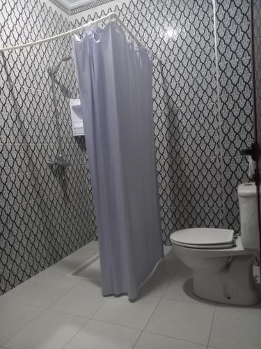La salle de bains est pourvue de toilettes et d'un rideau de douche. dans l'établissement Appartements Playa, à Saïdia