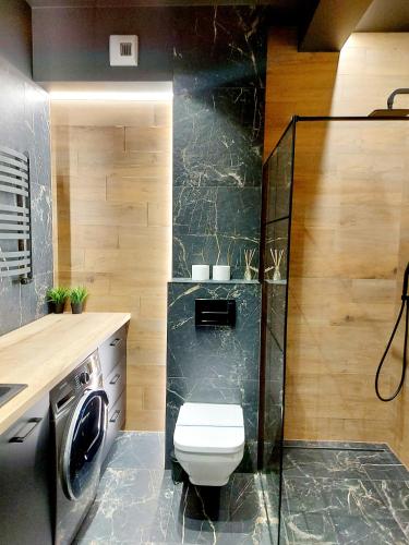 ザモシチにあるApartament Hetmanのトイレとガラスのシャワー付きのバスルーム