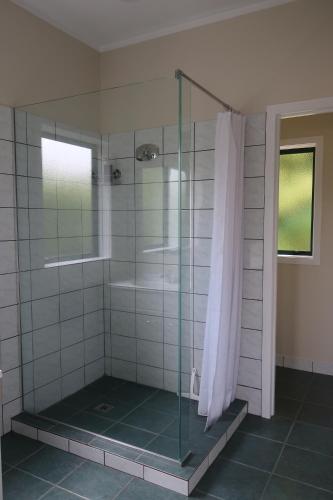La salle de bains est pourvue d'une douche et d'une cabine de verre. dans l'établissement Cosy Nights - modern, self-contained with parking, à Kerikeri