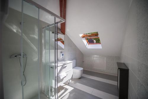 a bathroom with a glass shower and a toilet at Guesthouse Trajbar Team in Zaprešić
