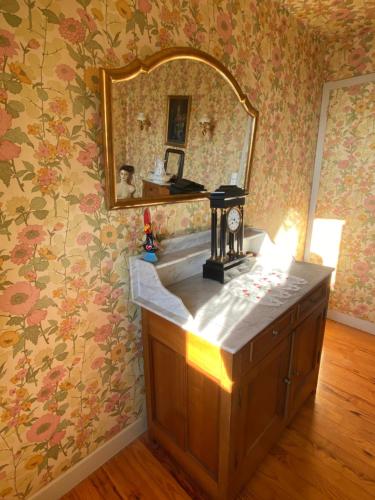 une salle de bain avec un lavabo et un miroir dans l'établissement Maison de village avec terrasse et jardin Saint Urcize, à Saint-Urcize