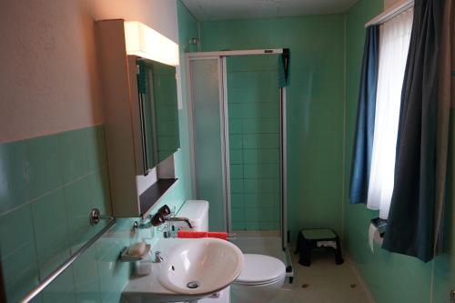 a green bathroom with a sink and a toilet at Schwendihöckli - CharmingStay in Flumserberg
