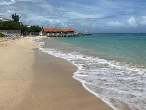 a sandy beach with a pier in the ocean at Lush Tropical apartment located in a 4-star resort in Runaway Bay
