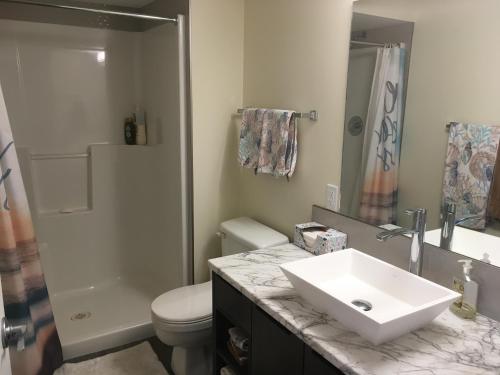 a bathroom with a sink and a toilet and a shower at Lakeview Gardens B&B in Peachland