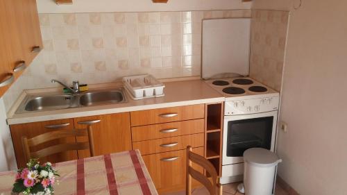 een kleine keuken met een spoelbak en een fornuis bij Apartments with a parking space Bilo, Primosten - 9467 in Zaboric