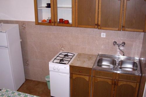 małą kuchnię z kuchenką i zlewem w obiekcie Apartments by the sea Marina, Trogir - 10003 w Marinie