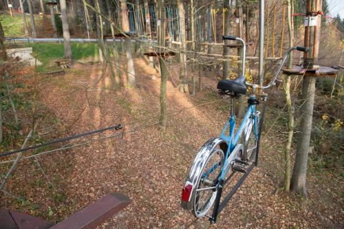 a bike chained to a fence in the woods at Hotel U Kabinky in Janske Lazne