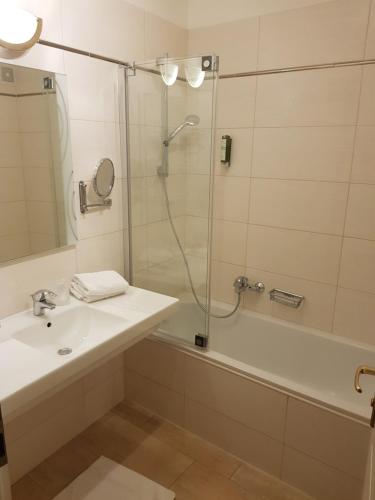 a bathroom with a sink and a shower at Hotel-Restaurant Minichmayr in Steyr