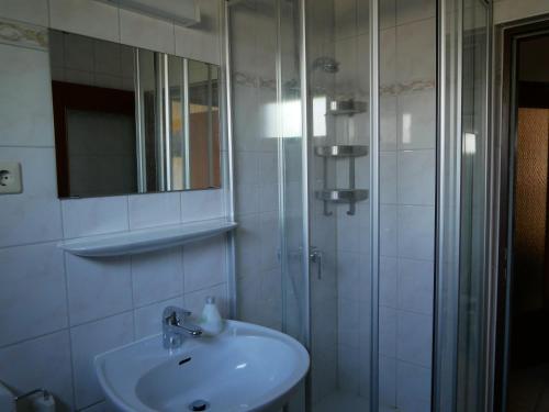a bathroom with a sink and a glass shower at Ferienwohnung Timm in Tübingen
