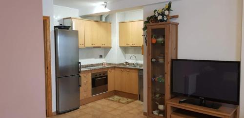 cocina con nevera de acero inoxidable y TV en Apartamento en Vall d'Incles, en Incles