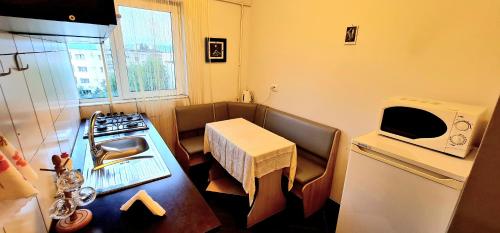 une petite cuisine avec une table et un four micro-ondes dans l'établissement Ultracentral apartments, à Bacău