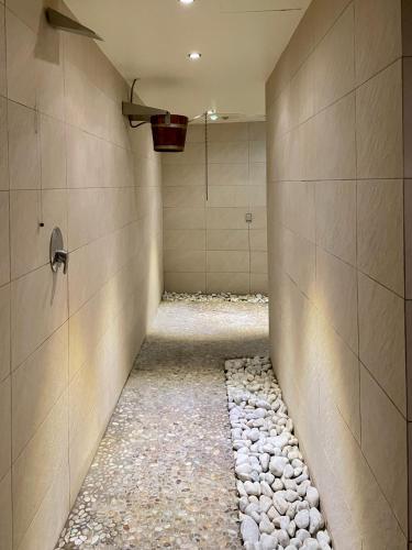 a room with a walk in shower with rocks and a wall at Ca' Virginia Country House Wellness in Montecalvo in Foglia
