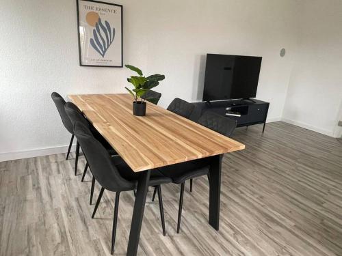 a wooden table with chairs and a potted plant on it at Modern 4 Zi Rooms Netflix, Wifi, Parken CasaLuna85 in Flöha