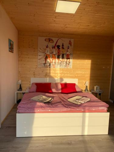 Schlafzimmer mit einem Bett mit einer roten Bettdecke in der Unterkunft Chatka - A - Vyhlídka nad řekou in Zdiby