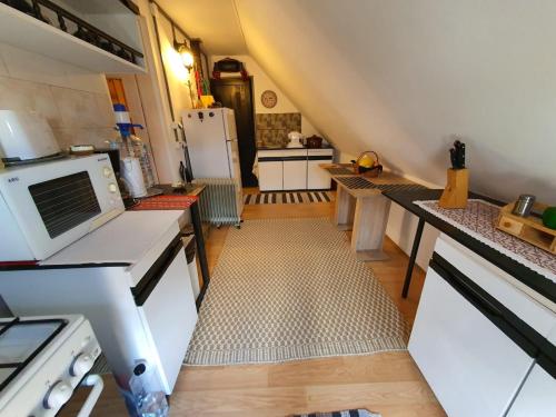 a kitchen with a white refrigerator and a counter top at Casa Bando in Moacşa