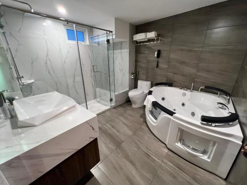 La salle de bains est pourvue d'une baignoire, d'une douche et de toilettes. dans l'établissement Nam Hy 1 Hotel, à Hô-Chi-Minh-Ville