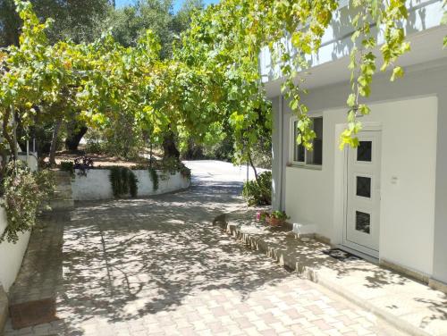cortile con un albero di fronte a una casa bianca di Alexander apartments a Spartià