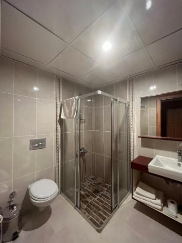 y baño con ducha, aseo y lavamanos. en Hotel Euphrat Nemrut, en Karadut