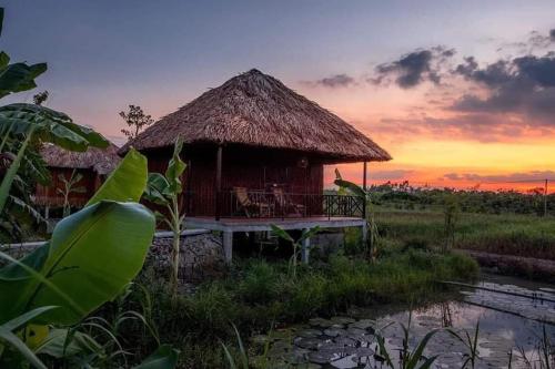 a hut in a field with a sunset in the background at Homestay Mekong Can Tho in Can Tho