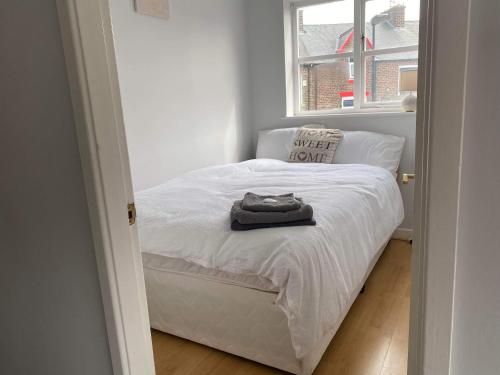 een kleine slaapkamer met een wit bed en een raam bij Cozy 2-bedroom property with shared garden in Sunderland