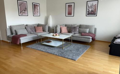 a living room with two couches and a coffee table at Tasokas jokiranta-asunto lähellä ydinkeskustaa in Turku