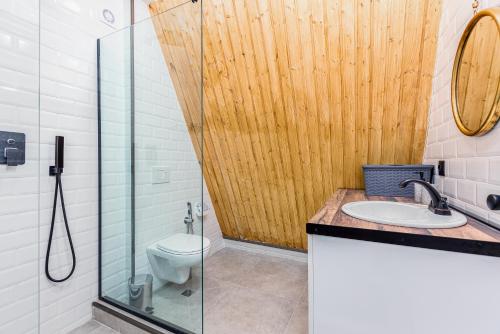 une salle de bain avec toilettes et douche en verre dans l'établissement Modern Wood Cottages, à Mtskheta