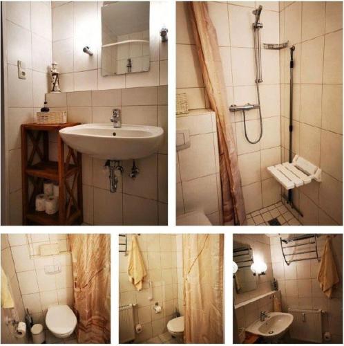 three pictures of a bathroom with a sink and a shower at Deichwohnung Strandweg 7 in Friedrichskoog-Spitze