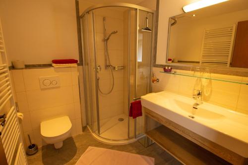 a bathroom with a shower and a sink and a toilet at Haus Josef in Mayrhofen