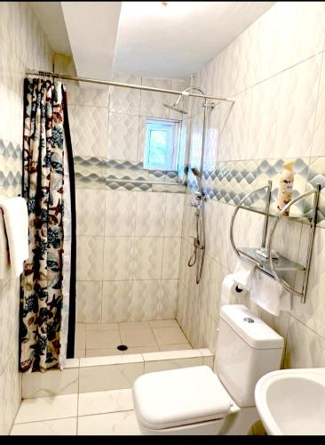 a white bathroom with a shower and a toilet at The Golden Inn in Marigot