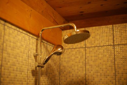 y baño con ducha con cabezal de ducha. en Pirts māja Ramatas, en Skulte