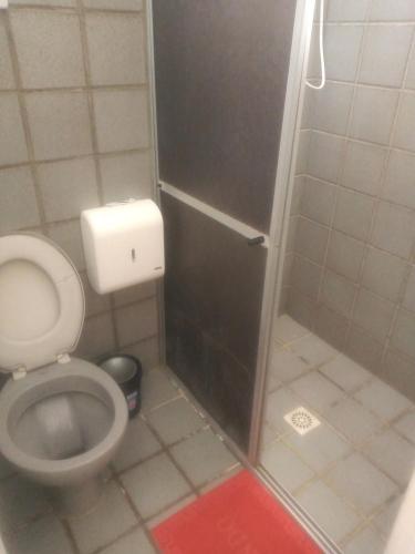 a small bathroom with a toilet and a shower at Pé de mato chalé in Estância