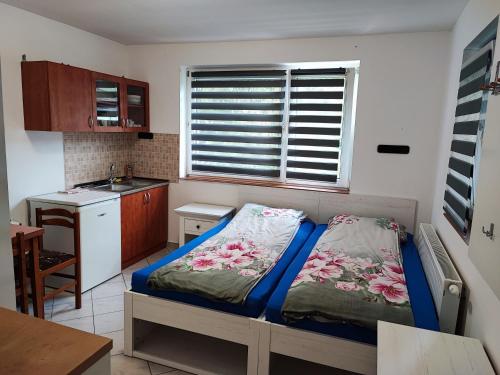 a small bedroom with a bed and a kitchen at BM Apartman in Zalakaros